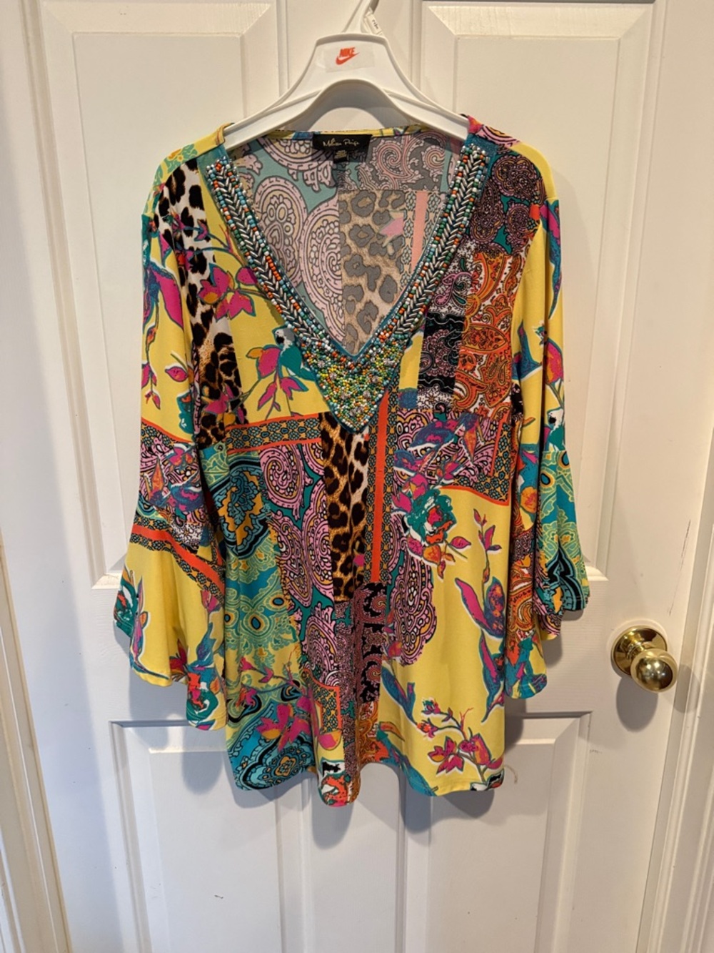 Melissa Paige Yellow Multicolor Beaded V-Neck Patchwork Top GUC